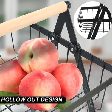 Багатоярусна металева підставка для фруктів та овочів MaxEarn - 3 яруси, велика місткість, з дерев'яною ручкою