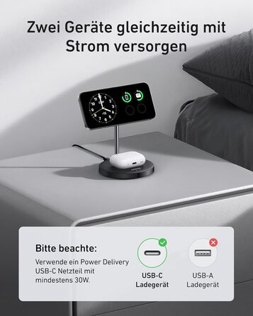 Anker MagGo 15W Magsafe Зарядний пристрій: 2-в-1 Індукційна станція, Qi2 Бездротовий заряд для iPhone 16/15/14/13/12, AirPods Pro, з USB-C кабелем 1.5м, чорний