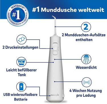 Waterpik Pulse Бездротова Іригатор для Рота (Мандюшче) з 2 Насадками, Білий. Професійне видалення нальоту, 2 режими інтенсивності, 45 сек резервуар, для чищення зубів та міжзубних проміжків