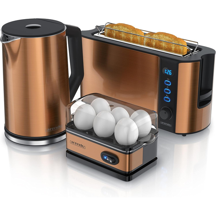 Набір чайник та тостер Rendo з нержавіючої сталі та міді: чайник 1.5л з контролем температури та функцією підтримки тепла, тостер на 4 тости з дисплеєм та 6 рівнями підсмажування, підставка для бургерів