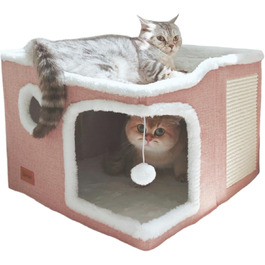 Spindro Cat Cave Cat Bed Large, Cat House Indoor Cat Sleeping Place with Removable Sherpa Cat Cushion and Hanging Toy, Cat Bed, Light Grey 42x42x33cm (2 level (42cmx42cmx33cm), Pink)