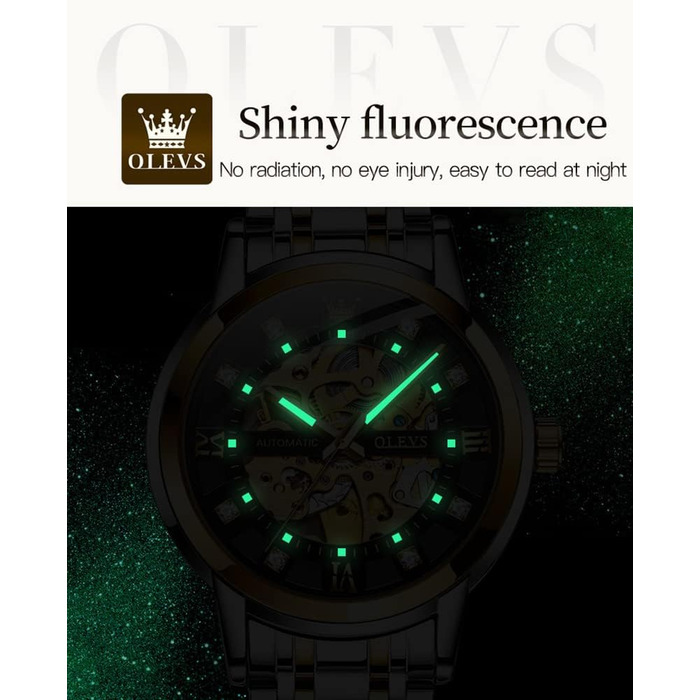 Чоловічий механічний годинник OLEVS Skeleton Automatic — золотий корпус, сталевий браслет, сріблястий циферблат, водонепроникний, люмінесцентний