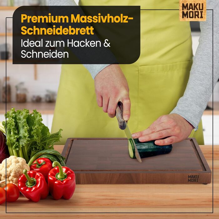 Преміум обробна дошка MAKUMORI з масиву гевеї, торцевий зріз, 40x29x3 см, FSC, з підставками, жолобком для соку та ручками