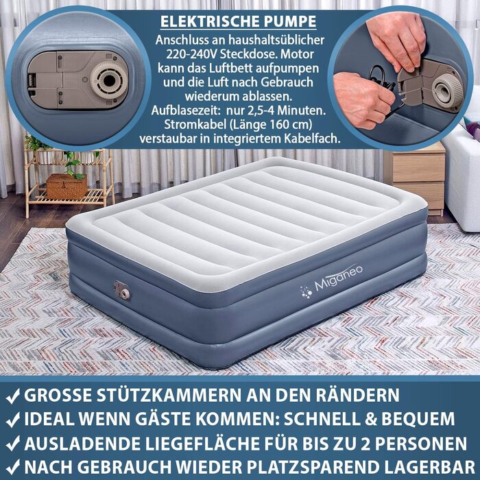 Надувний матрац Miganeo Premium XL 203x152x51 см з електронасосом та антимікробним покриттям (до 300 кг)