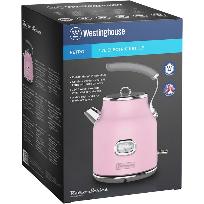 Електричний чайник Westinghouse Retro, 1.7 л, рожевий, з контролем температури та рівня води, з фільтром від накипу та захистом від перегріву