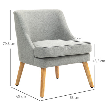 HOMCOM Armchair Lounge Chair with Linen Look, Armrests, Padded Recliner with Wooden Legs, for Living Room, Bedroom, Light Grey | Aosom