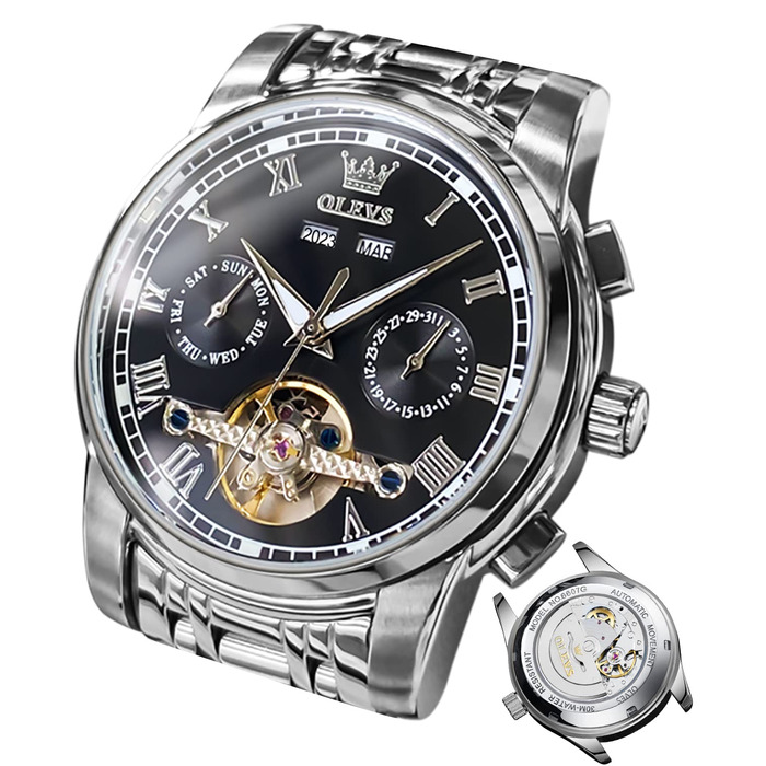 Годинник чоловічий OLEVS автоматичний золотий чорний механічний на зап'ястя з турбійоном, календарем, водонепроникний, світлодіодна, двоколірна модель для чоловіків (срібло/чорний)