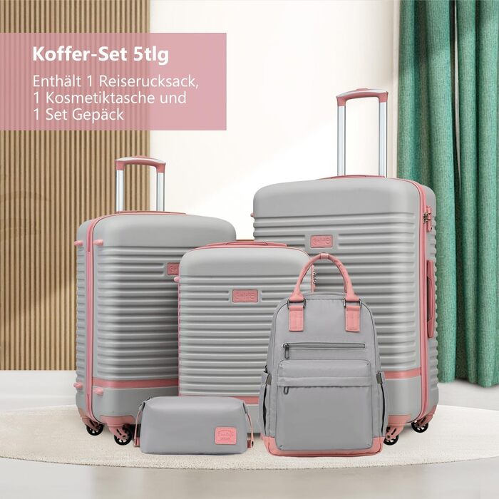 COOLIFE Luggage Suitcase Trolley Travel Suitcase with ABS Hard Shell, 4 Wheels, TSA Lock. The suitcase includes 1 Travel Backpack and 1 Toiletry Bag (White/Brown, Large 3-Piece Luggage Set) (5-Piece Luggage Set, Grey/Pink)