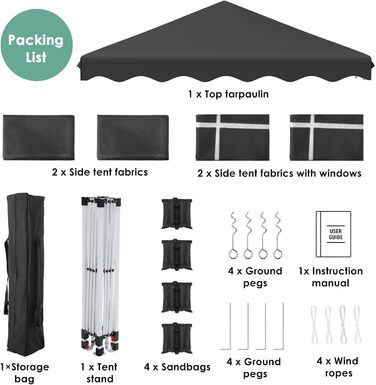 3x3 Gazebo, Waterproof Folding Gazebo Stable, Winter-Proof, UV Protection 50+, 3x3 Folding Gazebo with 4 Side Panels, Adjustable Height Garden Gazebo, Foldable Pavilion Tent for Camping, Parties (Black)