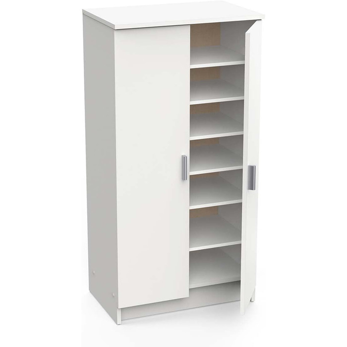 Multifunctional wardrobe with two doors, six shelves, white color, dimensions 55 x 108 x 36 cm