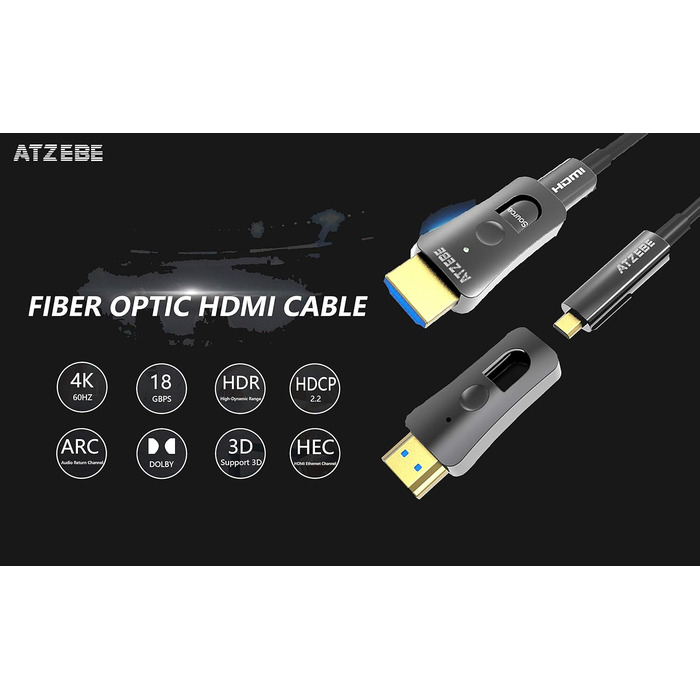 HDMI кабель оптоволоконний 10м, 4K, 2.0, HDR, YUV4:4:4, 8bit, 3D, ARC, HEC, CEC, HDCP 2.2 з Micro HDMI та стандартним HDMI конекторами