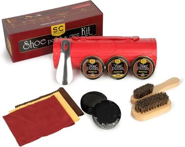 Stone & Clark 12-Piece Shoe Cream & Leather Care Set with Brown Wax, Shoe Brushes for Polishing, Compact Shoe Shine Kit with Horsehair Brushes & PU (Case: Hot Red)