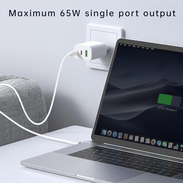 Зарядний пристрій USB-C 65W 3-порти, мережевий адаптер PD для MacBook Pro/Air, iPhone 16/15/14/13, iPad, Samsung S24, Pixel (Білий)
