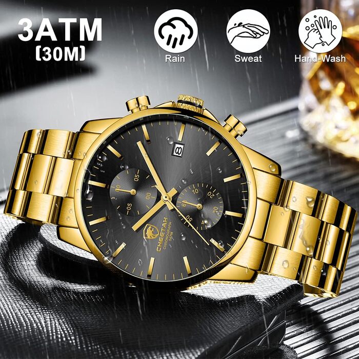 Чоловічий годинник-хронограф з нержавіючої сталі та металу, водонепроникний, з авто-датою, кварцовий, золотистий/чорний