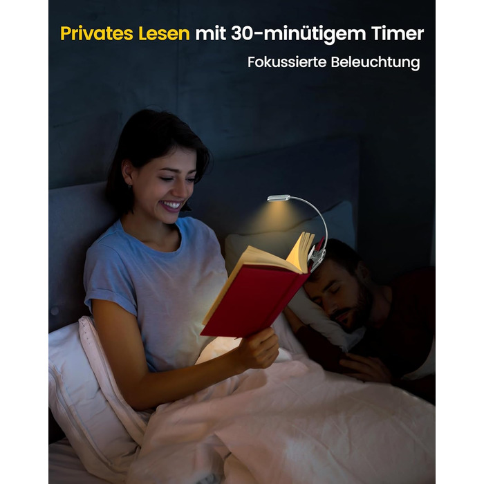 Glocusent Posh Premium Лампа для читання з кріпленням на книгу та таймером, 16 LED, акумулятор, час роботи 160 годин, 1800K, м'яке світло, 3 кольори та 5 рівнів яскравості, ідеально для читачів