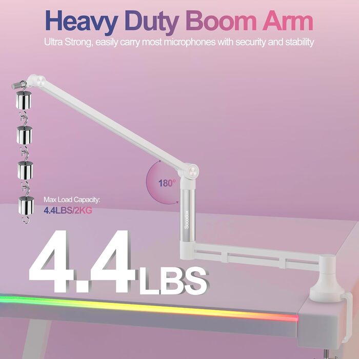 Низькопрофільний мікрофонний важіль, міцний тримач для мікрофона з кріпленням до столу 7 см, адаптери 3/8' та 5/8', для Blue Yeti, подкастів, геймінгу, вантажопідйомність до 2 кг, білий