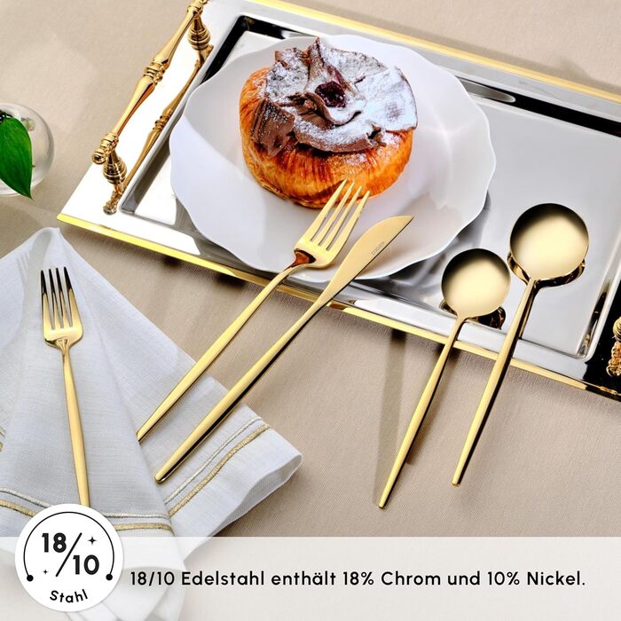 Karaca Orion Shiny Gold 30-Piece Cutlery Set - Knives, Forks, Spoons, Cake Forks, Stainless Steel, Dining Cutlery Tableware Set - Healthy and Hygienic, Modern Design