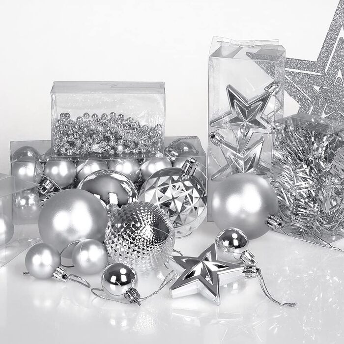 DEUBA® Новорічні кулі 66 шт. Ø 3-6 см, пластик, матові та глянцеві, для прикраси ялинки, срібні