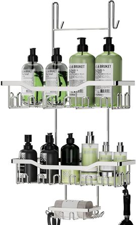 ZUIMENG Shower Shelf, 3 Tier Shower Caddy, No Drilling Shower Shelf, Bathroom Shelf Shower Basket Hanging, Shampoo Holder Shower Hanging Shelf for Glass Door Shower Wall with Soap Dish and Hooks (Silver)