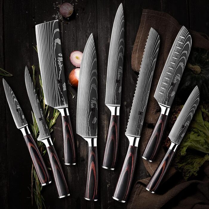 Набір професійних кухонних ножів | Шеф-ніж, Сантоку, хлібний ніж та інші | Нержавіюча сталь з лазерним візерунком, ручки з пакавуду | Подарунковий набір
