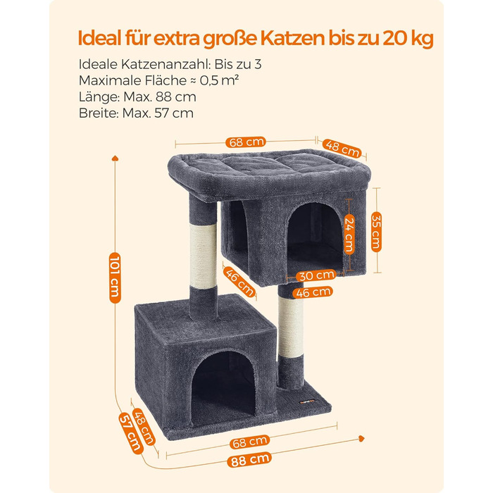 Feandrea Cat Tree, 84 cm Cat Tree, L, Cat House for Large Cats up to 7 kg, Large Platform, 2 Cat Caves, Sisal Posts, PCT61W (XL (68 x 48 x 101 cm), Smoke Gray)