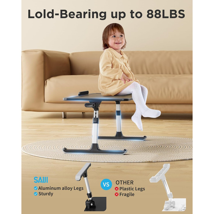 Столик для ноутбука SAIJI з регулюванням, PU-шкіра, 52x30 см, чорний