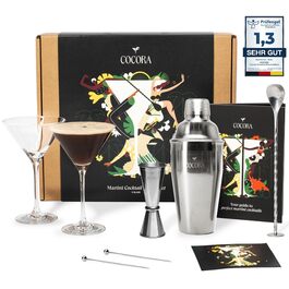 Коктейльний набір Cocora Martini (8 предметів) - шейкер, келихи для Мартіні, книга рецептів, подарункова упаковка (срібний)