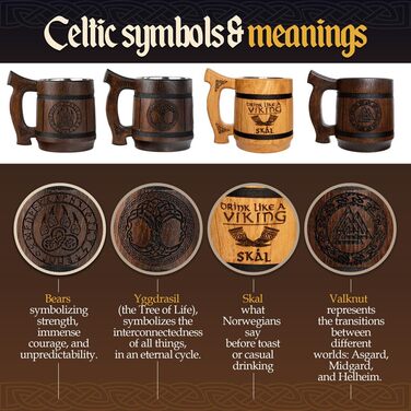 Діжка Wikinger 0.6 л з дуба - середньовічна діжка для пива, кружка, кубок з гравіюванням Молота Тора, рунами. Ідеальний подарунок для чоловіків, дерев'яний кубок з рунами, подарунок на День Святого Валентина
