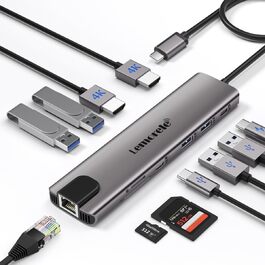 Док-станція USB-C з хабом: 2 HDMI, Gigabit Ethernet, 4 USB A, USB C 3.0, PD 100W, SD/TF, 1000Mbps RJ45, адаптер для Macbook, Lenovo, HP, Dell, Surface. Підтримка 2 моніторів