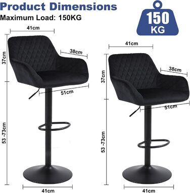 Ralex Velvet Bar Stools 2-Pack - Adjustable Swivel Bar Chairs with Backrest & Armrests for Kitchen, Bar & Counter - Black