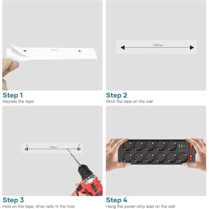 Многорозетка з USB, 11 розеток, з вимикачем, 2 USB-A та 2 USB-C порти, 4000W, 16A, 2M кабель, для дому, школи, офісу - Чорний
