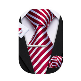 Набір краваток Barry.Wang: шовкові краватки з квітковим візерунком Paisley, нагрудна хустинка, краваткові затискачі та манжетні кнопки. Червоно-білий смуговий дизайн для святкових та весільних подій
