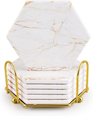Marble-Style Coasters, Set of 6 - Drink Coasters for Wood Table with Metal Holder - Gold-Colored Ceramic Cup Set - Rustic Home Decor, Room Decor, Party (Luxury White-Gold Marble 01)