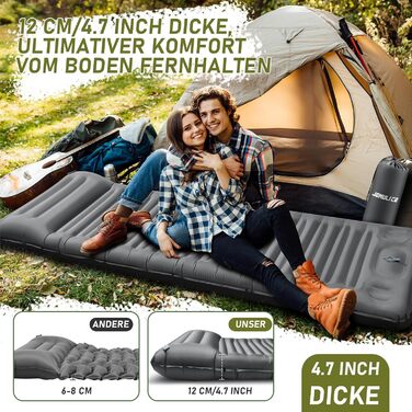 JEMULICE Self-Inflating Sleeping Pad - 12cm Thick, Compact Camping Air Mattress with Foot Pump & Pillow, Ultralight Waterproof for Hiking & Outdoor Use - Grey