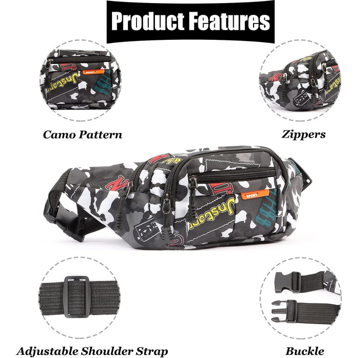 Водонепроникна поясна сумка-рюкзак камуфляжного стилю з багатьма відділеннями для чоловіків, жінок та дітей. Виготовлена з нейлону, ідеальна для бігу, спорту, подорожей та активного відпочинку.