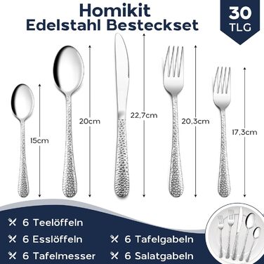 Набір столових приборів Homikit (30 предметів) з нержавіючої сталі для 6 осіб, з круглими ручками, придатний для миття в посудомийній машині