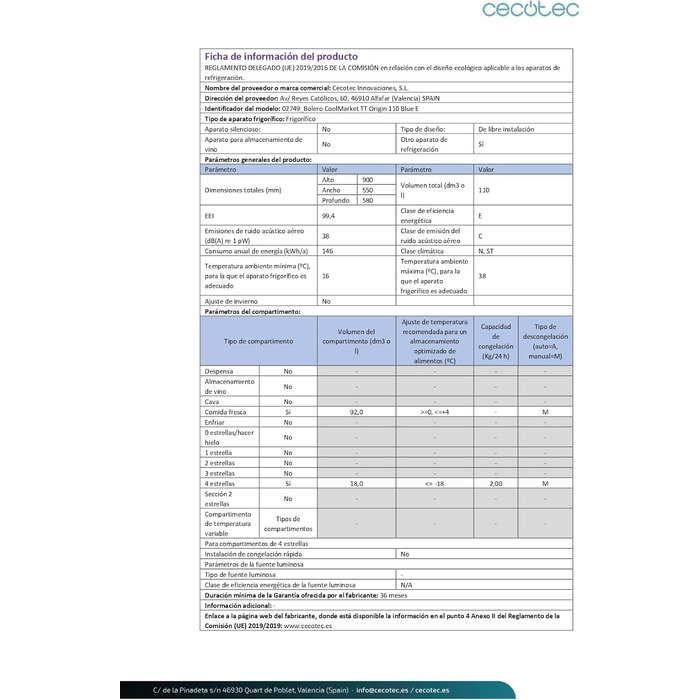 Міні-холодильник Cecotec Bolero CoolMarket TT Origin 110 синій 110л з LED-підсвіткою та полицями з скла