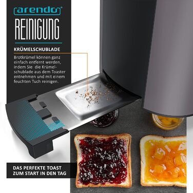 Arendo - 2-Slice Long Slot Toaster - Defrost Function - 1000W - Double-Walled Housing - Integrated Bun Tray - Browning Levels 1-6 - Display with Remaining Time Display D: Silvergrey