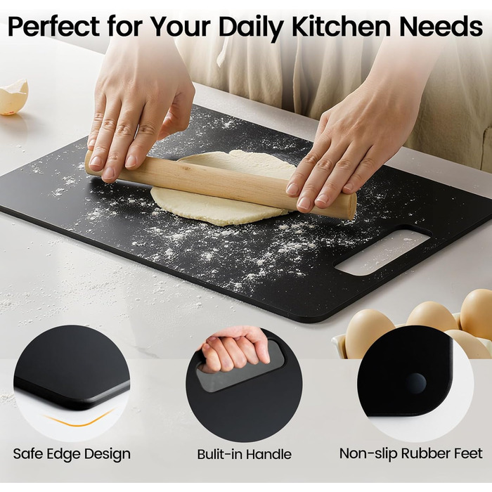 Набір дерев'яних обрізних дощок 2 шт. з бамбука, стійкі до миття в посудомийній машині, високої щільності, нетоксичні, BPA-free, з антиковзними ніжками, безпечні для ножів – ідеально для кухні та як подарунок, чорного кольору