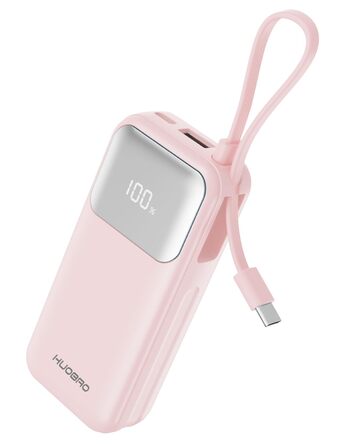 Power Bank 10000mAh з USB-C кабелем, PD 35W, LCD дисплей, рожевий