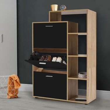 Shoe cabinet KLARK for 18 pairs, beechwood imitation finish, 3 black doors with shelf