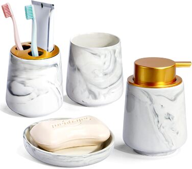 Набір аксесуарів для ванної кімнати з дозатором мила, мильницею, тримачем для зубних щіток та склянкою. Мармурова імітація, білий колір. 4 шт.