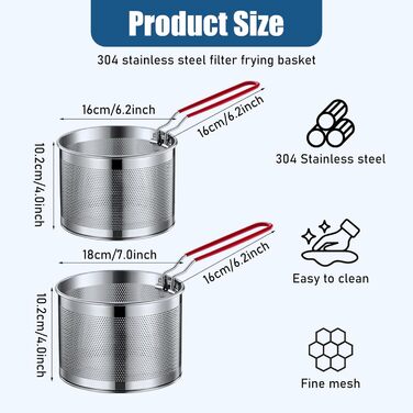 Набір сит для їжі з нержавіючої сталі WIYETY (2 шт.): сито для макаронів, корзина для фритюрниці, кухонне сито, Ø16см + Ø18см