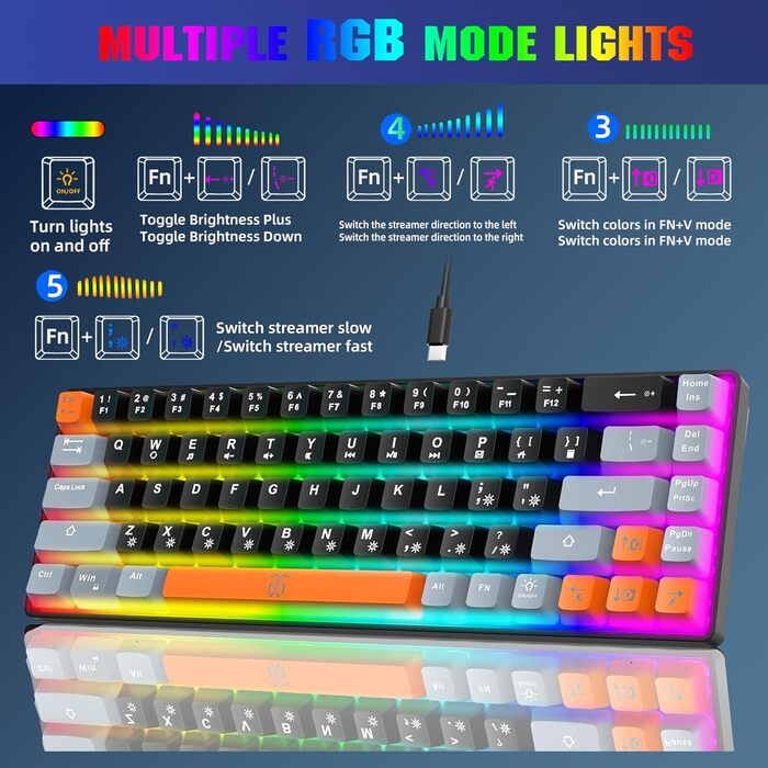 Ігрова клавіатура Snpurdiri з RGB підсвічуванням, механічний відгук, компактна, ергономічна, для офісу та ПК (63 білий/чорний/оранжевий, 68 чорний/сірий/оранжевий)