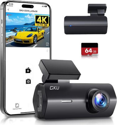 Відеореєстратор GKU 4K Auto з Wi-Fi, 170° кут огляду, Нічне бачення, WDR, 24H паркування, G-сенсор, в комплекті SD-карта 64GB, Чорний
