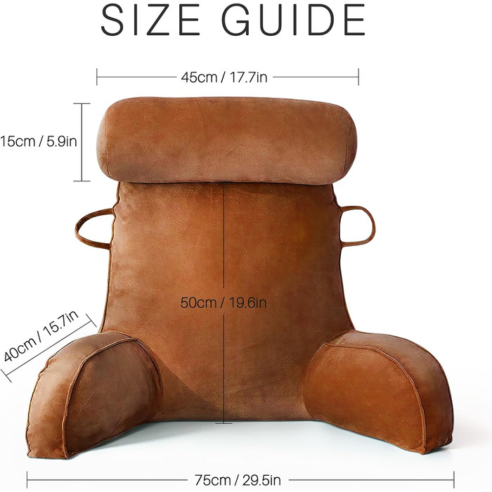 Лежанка для читання з велюру для дорослих, подушка для спини та рук для ліжка, з кишенею та знімним чохлом (колір: кавовий)