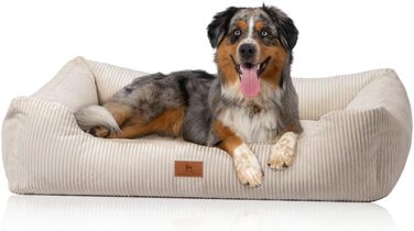 Knuffelwuff Dog Bed in Corduroy with Hand-Woven Character Olivia XL 105 x 75cm - Removable Cover - Washable - for Large, Medium and Small Dogs (L 105 x W 75 x H 25 cm, Beige)