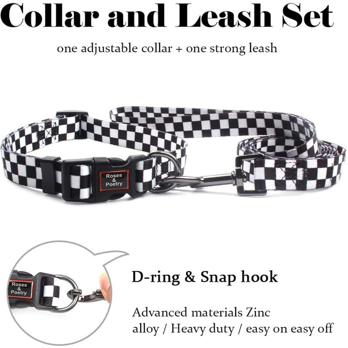 Нашийник та поводок для собак середнього розміру Roses&Poetry, чорно-білий, розмір M, 1,5 м, для тренувань, регульований, міцний