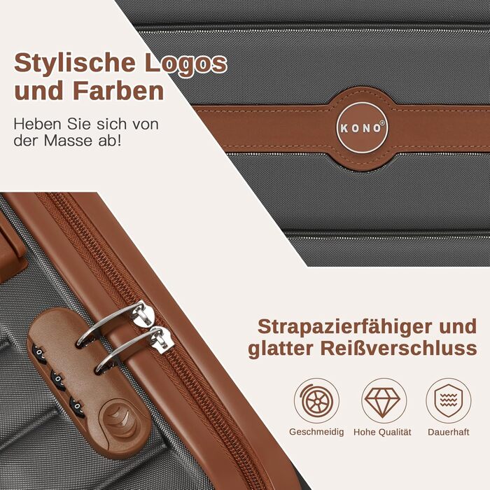 Набір валіз KONO 3 в 1: Trolley, ABS+PC, з коліщатами та кодовим замком (Сірий/Коричневий)