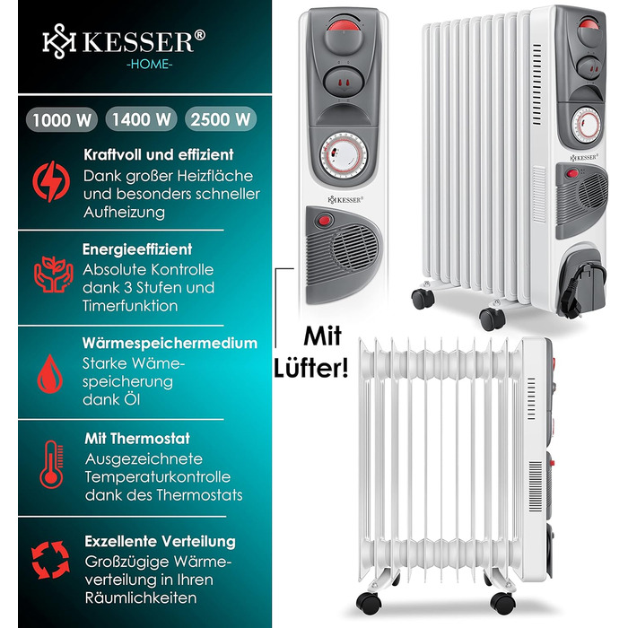 Електричний масляний радіатор KESSER® 2500W з вентилятором, 11 ребер, білий. Масляний обігрівач з таймером, регулюванням температури та захистом від перегріву.